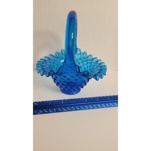 Vintage Fenton Colonial Blue Hobnail Glass Basket Ruffled Edge‎ ~ 7.25"
